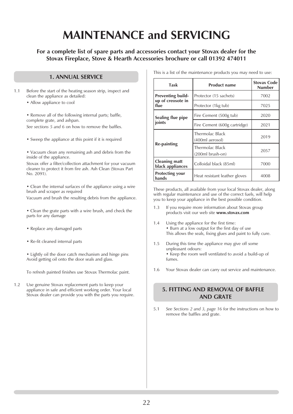 Maintenance and servicing, Fitting and removal of baffle and grate | Stovax REGENCY 1000 User Manual | Page 22 / 26