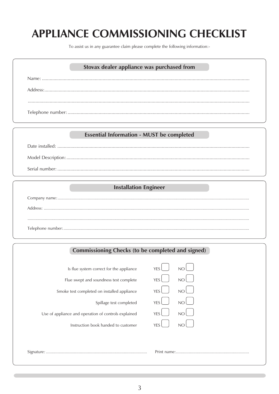 Appliance commissioning checklist, Stovax dealer appliance was purchased from, Essential information - must be completed | Installation engineer, Commissioning checks (to be completed and signed) | Stovax REGENCY 1000 User Manual | Page 3 / 26