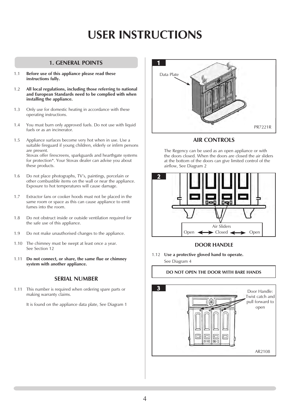 User instructions, General points, Serial number | Air controls | Stovax REGENCY 1000 User Manual | Page 4 / 26