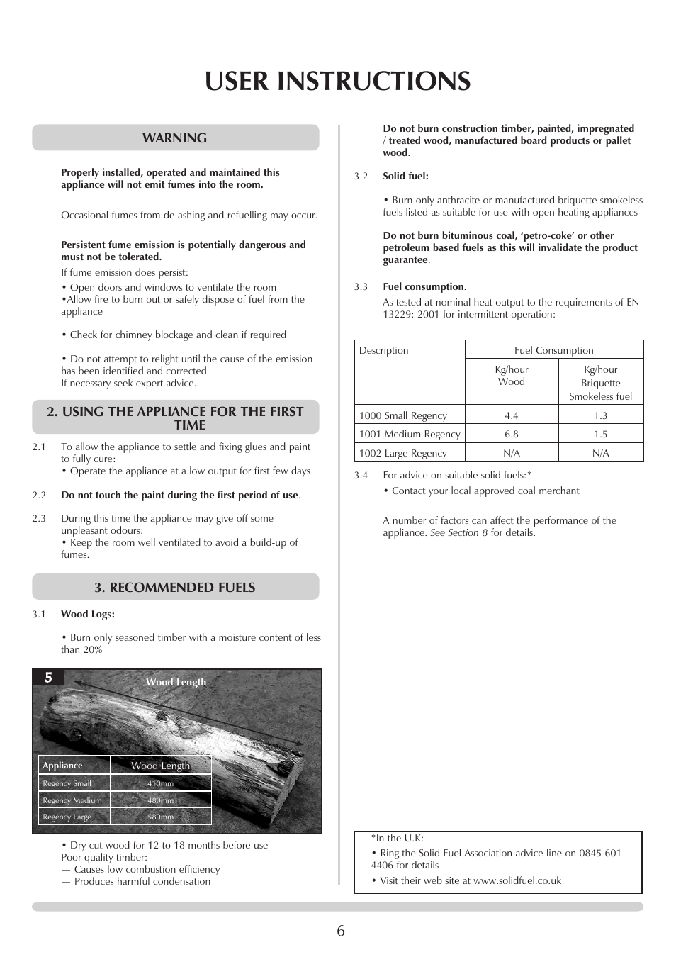 User instructions, Warning, Using the appliance for the first time | Recommended fuels | Stovax REGENCY 1000 User Manual | Page 6 / 26