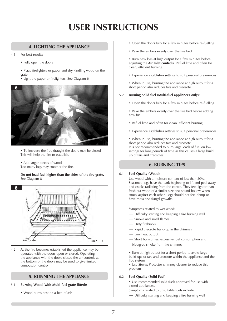 User instructions, Lighting the appliance, Running the appliance | Burning tips | Stovax REGENCY 1000 User Manual | Page 7 / 26