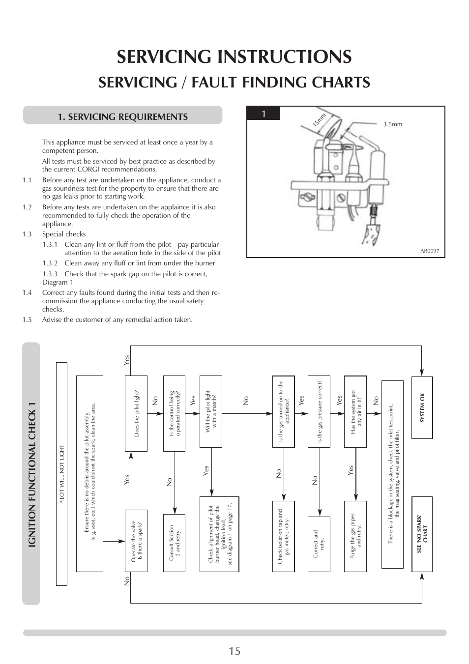 Servicing instructions, Servicing / fault finding charts, Ignition functional check 1 | Servicing requirements | Stovax Huntingdon 30 User Manual | Page 15 / 23