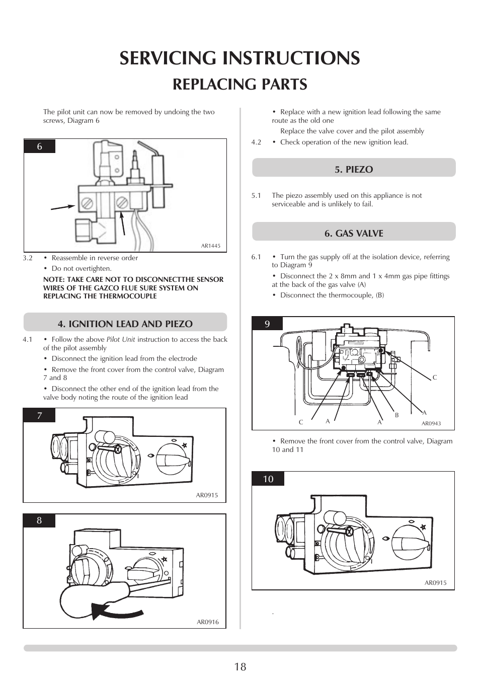 Servicing instructions, Replacing parts, Ignition lead and piezo | Gas valve 5. piezo | Stovax Huntingdon 30 User Manual | Page 18 / 23