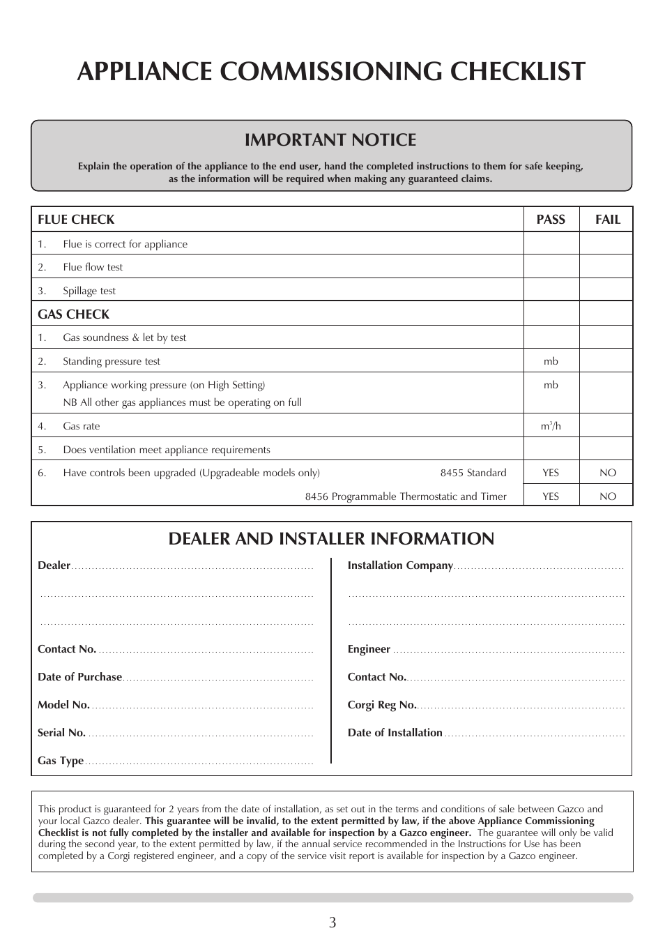 Appliance commissioning checklist, Important notice, Dealer and installer information | Flue check pass fail, Gas check | Stovax Huntingdon 30 User Manual | Page 3 / 23