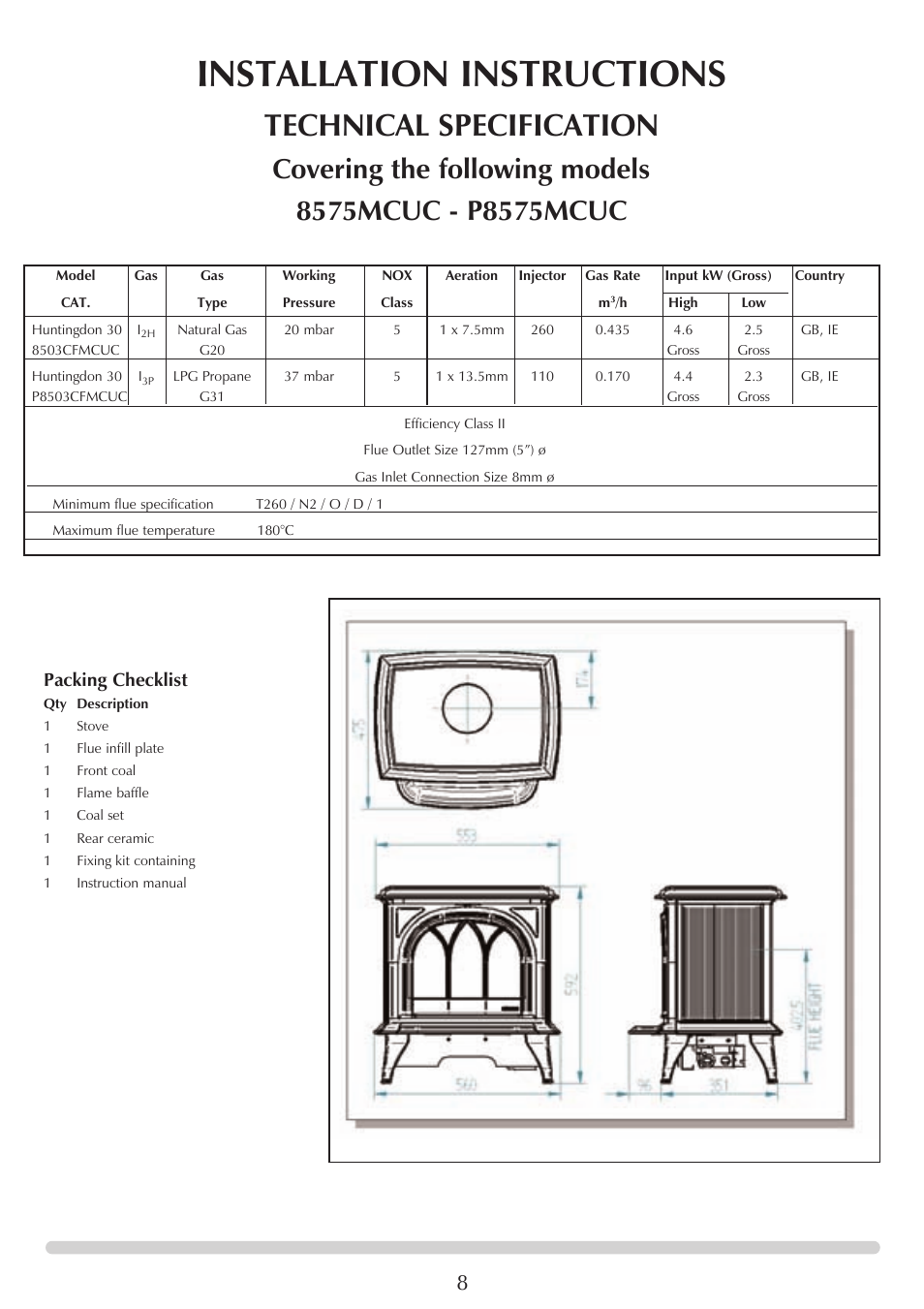 Installation instructions, Technical specification, Packing checklist | Stovax Huntingdon 30 User Manual | Page 8 / 23