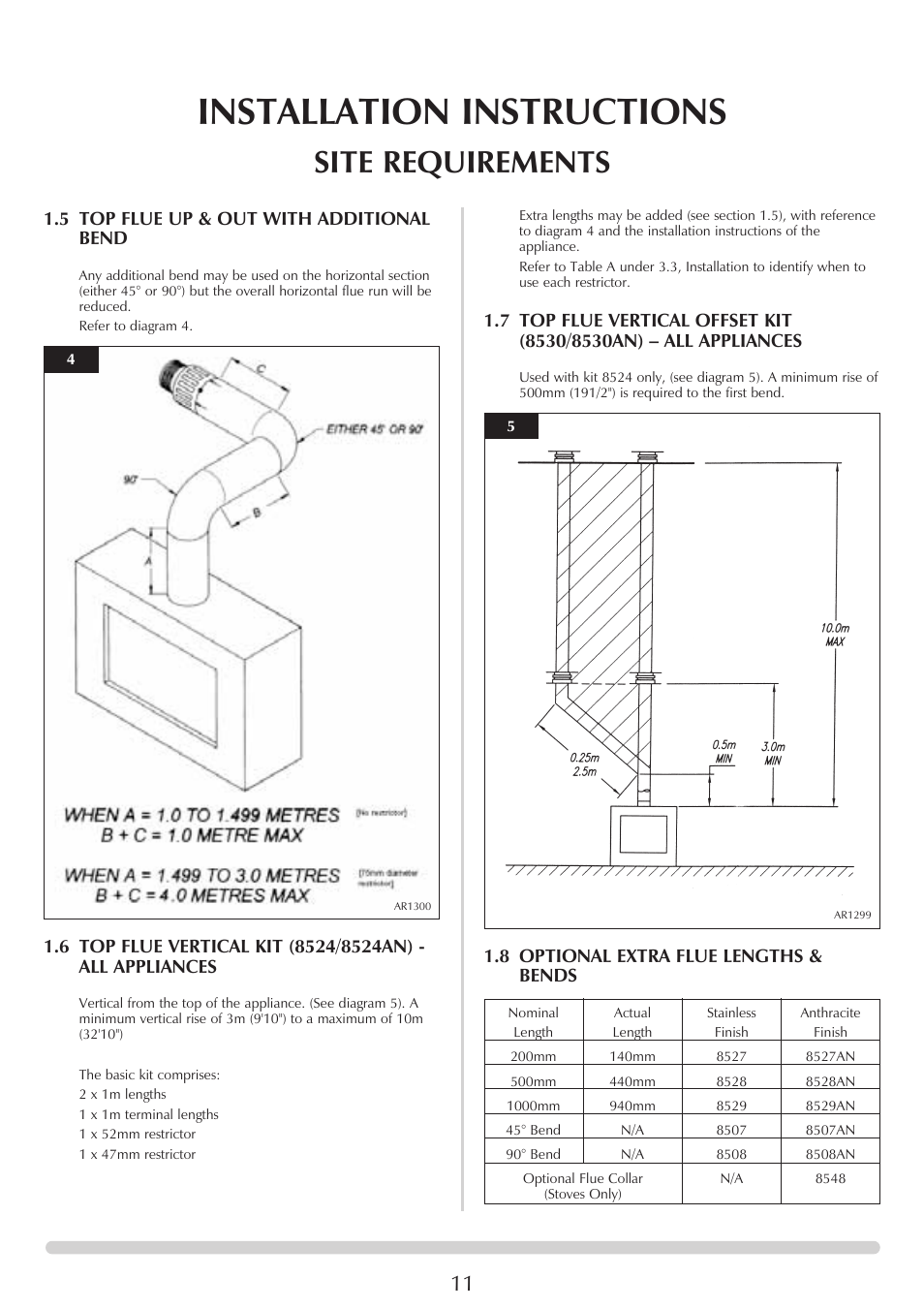 Installation instructions, Site requirements, 5 top flue up & out with additional bend | 8 optional extra flue lengths & bends | Stovax Marlborough & Stockton Stockton Log Effect Stove Range User Manual | Page 11 / 27