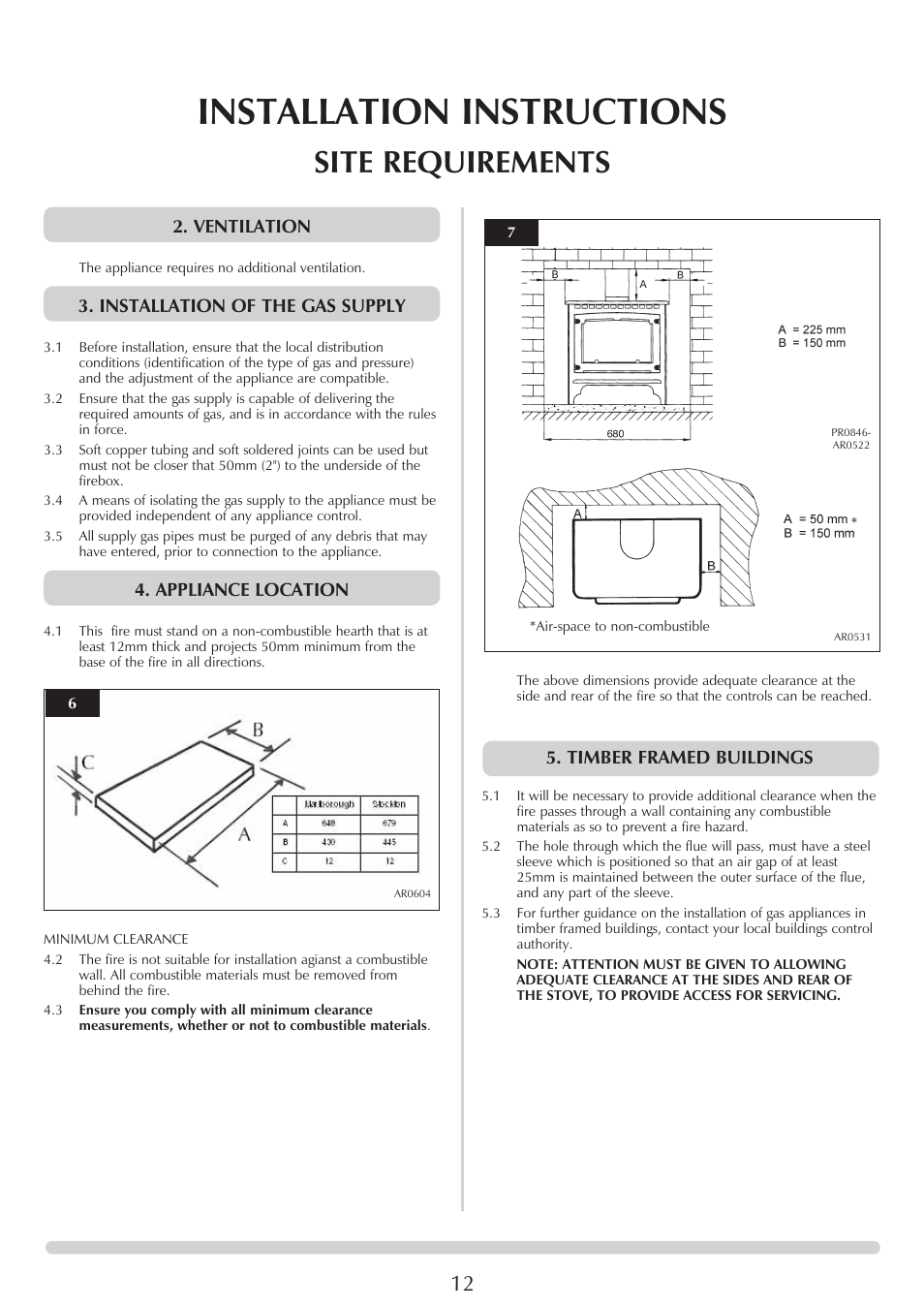 Installation instructions, Site requirements, Ventilation | Installation of the gas supply, Appliance location, Timber framed buildings | Stovax Marlborough & Stockton Stockton Log Effect Stove Range User Manual | Page 12 / 27