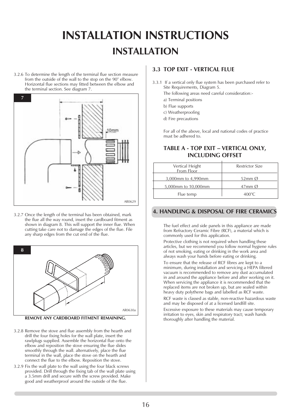 Installation instructions, Installation, 3 top exit - vertical flue | Handling & disposal of fire ceramics | Stovax Marlborough & Stockton Stockton Log Effect Stove Range User Manual | Page 16 / 27