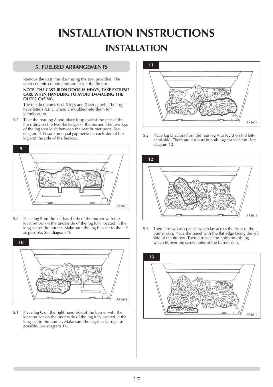 Installation instructions, Installation, Fuelbed arrangements | Stovax Marlborough & Stockton Stockton Log Effect Stove Range User Manual | Page 17 / 27