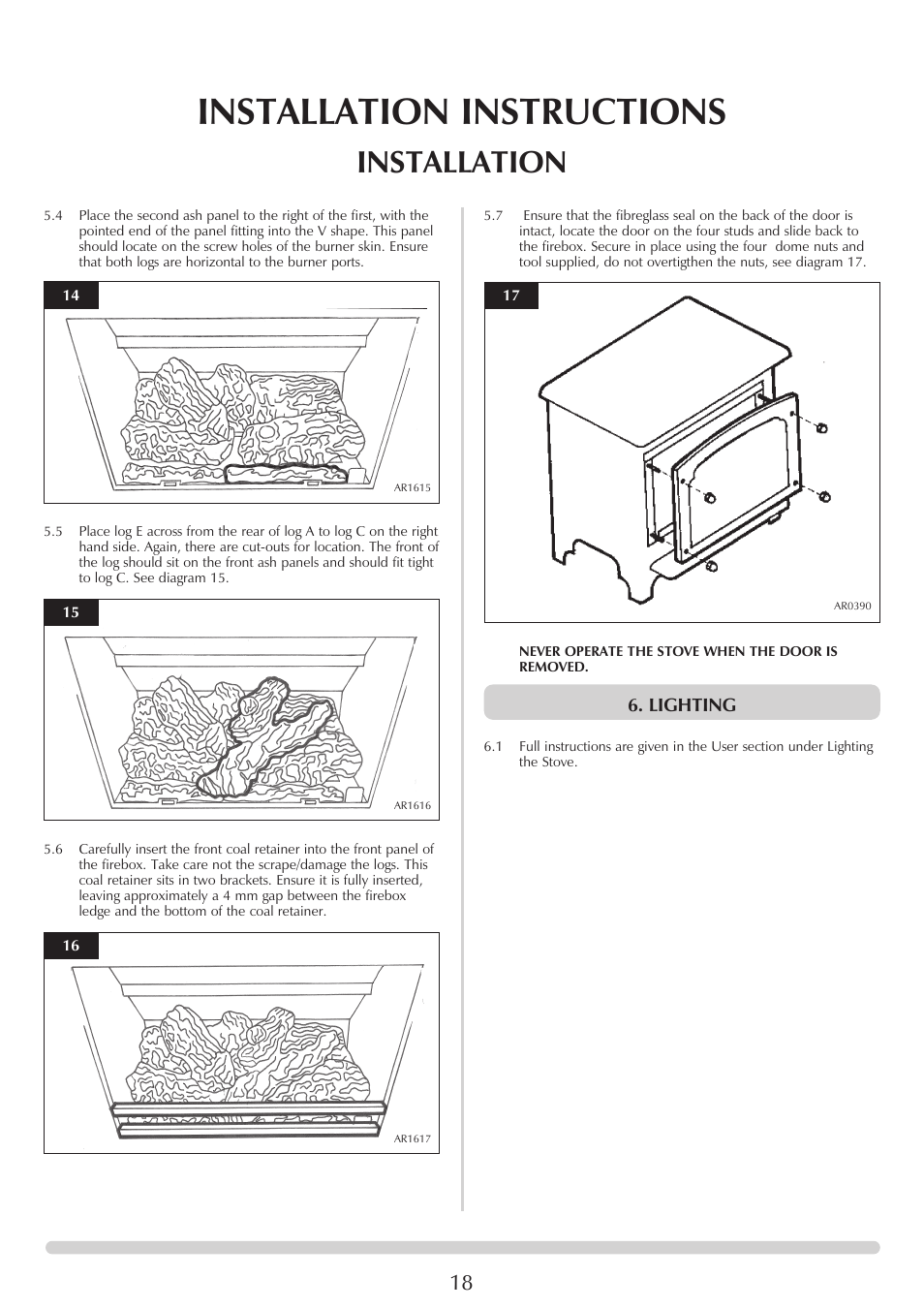 Installation instructions, Installation, Lighting | Stovax Marlborough & Stockton Stockton Log Effect Stove Range User Manual | Page 18 / 27