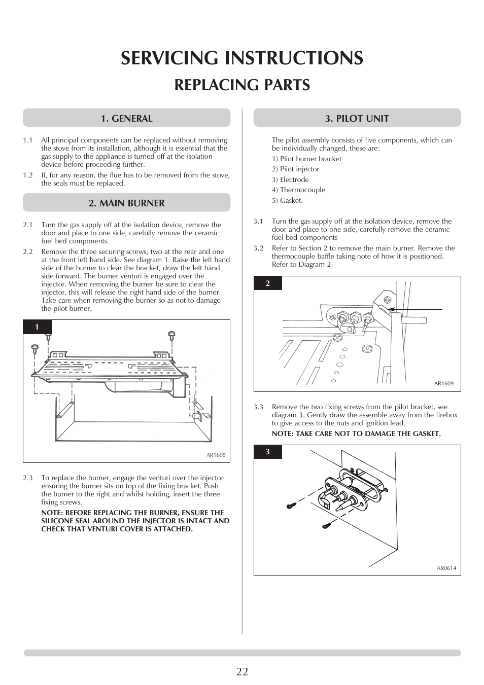 Servicing instructions, Replacing parts, General | Main burner, Pilot unit | Stovax Marlborough & Stockton Stockton Log Effect Stove Range User Manual | Page 22 / 27