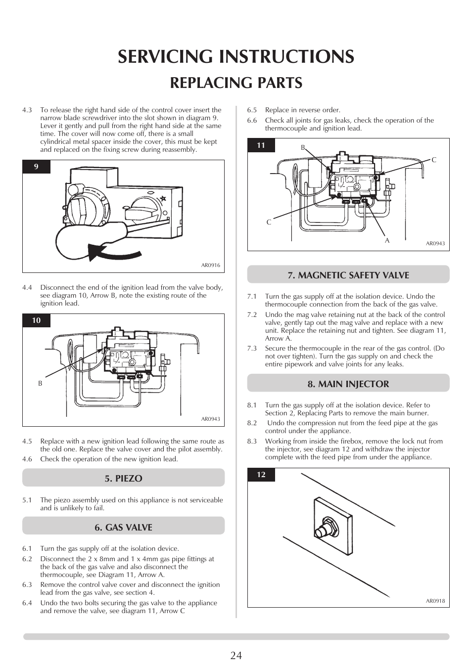 Servicing instructions, Replacing parts, Piezo | Gas valve, Magnetic safety valve, Main injector | Stovax Marlborough & Stockton Stockton Log Effect Stove Range User Manual | Page 24 / 27