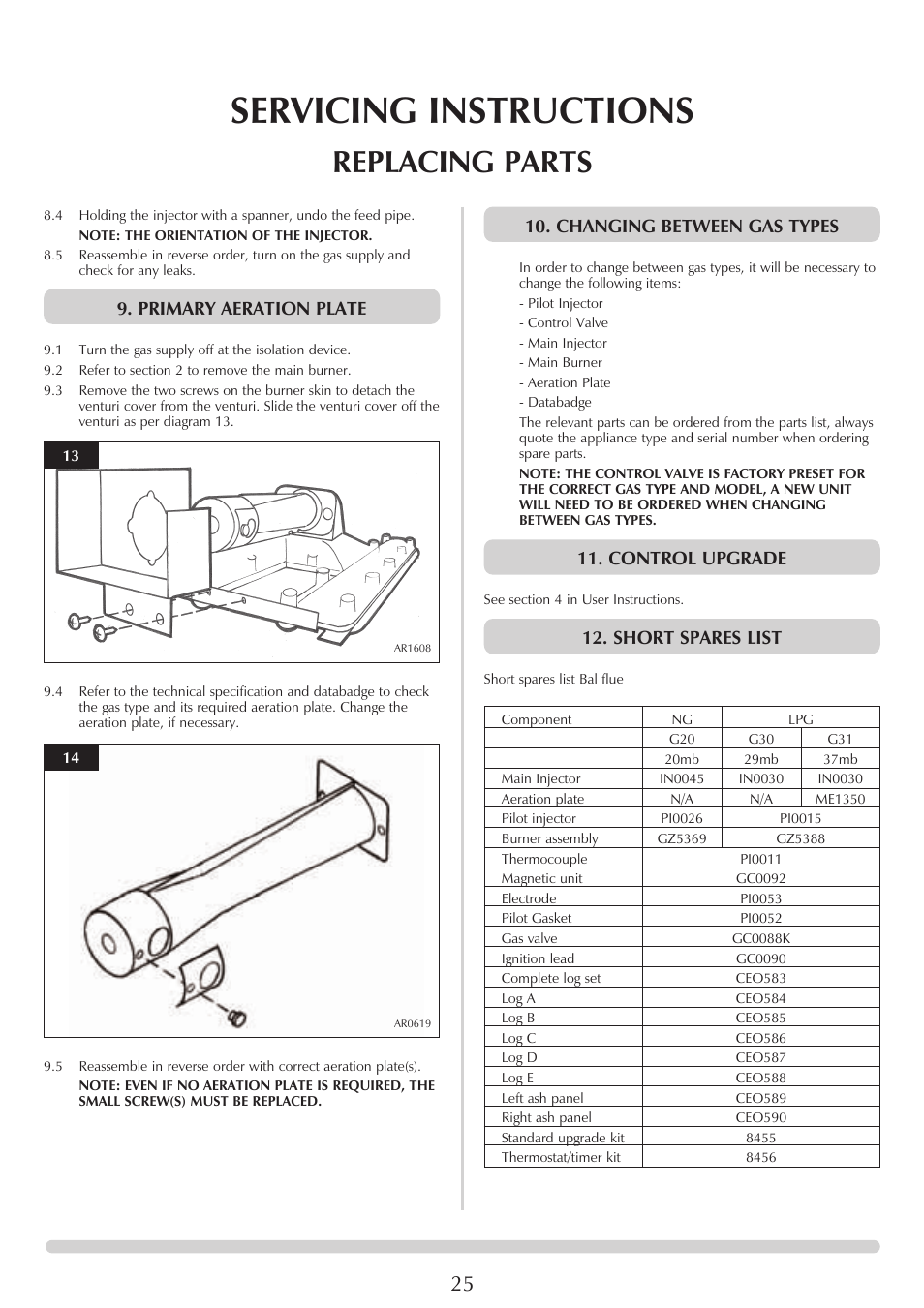 Servicing instructions, Replacing parts, Primary aeration plate | Changing between gas types, Control upgrade, Short spares list | Stovax Marlborough & Stockton Stockton Log Effect Stove Range User Manual | Page 25 / 27