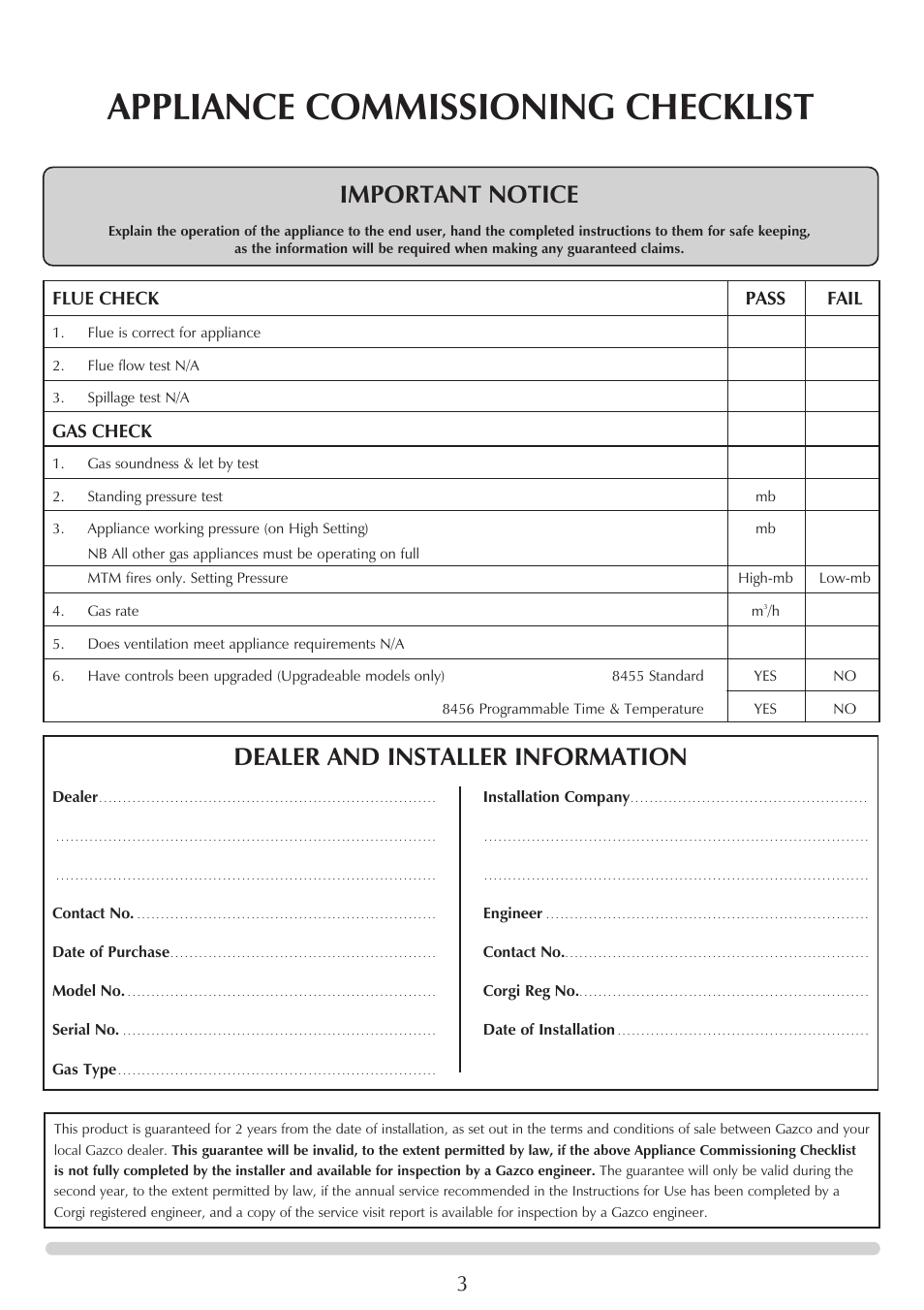 Appliance commissioning checklist, Important notice, Dealer and installer information | Flue check pass fail, Gas check | Stovax Marlborough & Stockton Stockton Log Effect Stove Range User Manual | Page 3 / 27