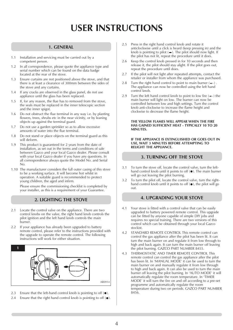 User instructions, General, Lighting the stove | Turning off the stove, Upgrading your stove | Stovax Marlborough & Stockton Stockton Log Effect Stove Range User Manual | Page 4 / 27