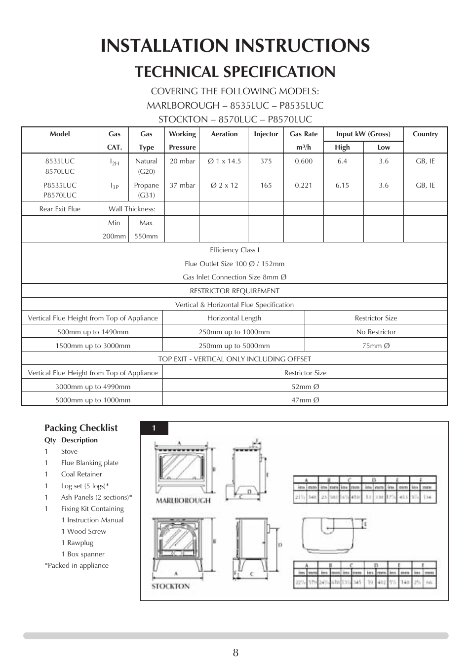 Installation instructions, Technical specification, Packing checklist | Stovax Marlborough & Stockton Stockton Log Effect Stove Range User Manual | Page 8 / 27