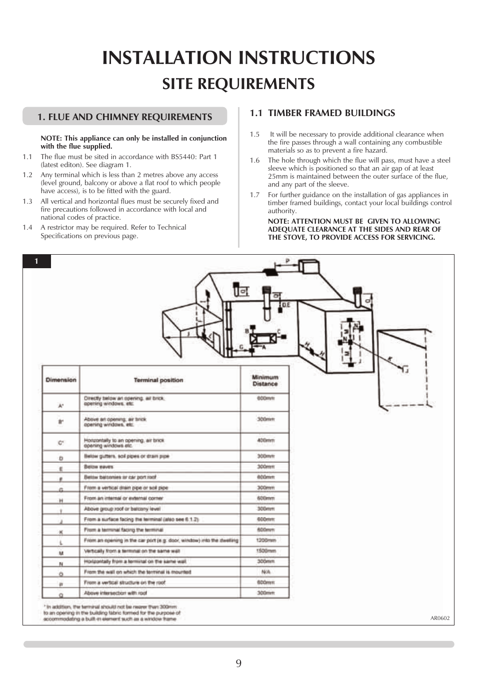 Installation instructions, Site requirements | Stovax Marlborough & Stockton Stockton Log Effect Stove Range User Manual | Page 9 / 27