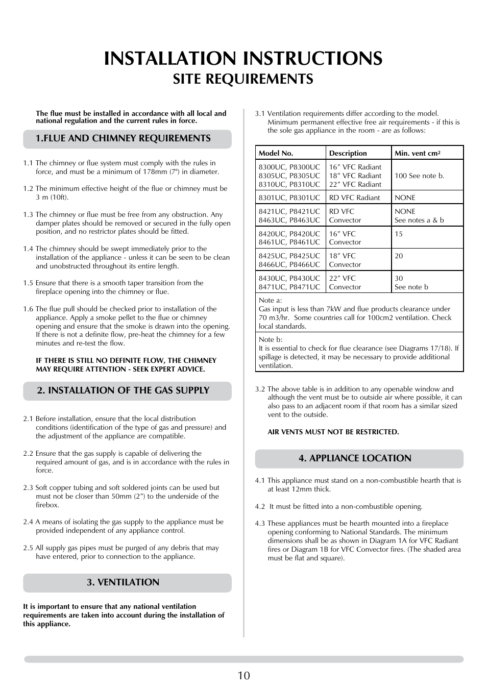 Installation instructions, Site requirements, Flue and chimney requirements | Installation of the gas supply, Ventilation, Appliance location | Stovax 8455 User Manual | Page 10 / 26