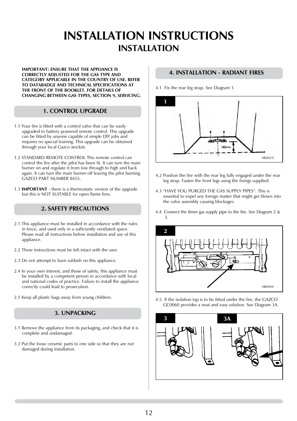 Installation instructions, Installation, Installation - radiant fires | Control upgrade, Safety precautions, Unpacking | Stovax 8455 User Manual | Page 12 / 26