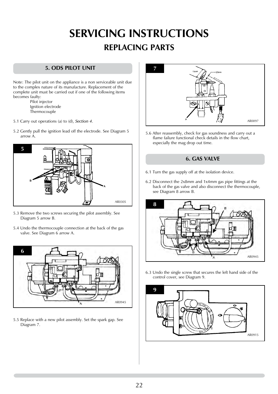 Servicing instructions, Replacing parts, Ods pilot unit | Gas valve | Stovax 8455 User Manual | Page 22 / 26