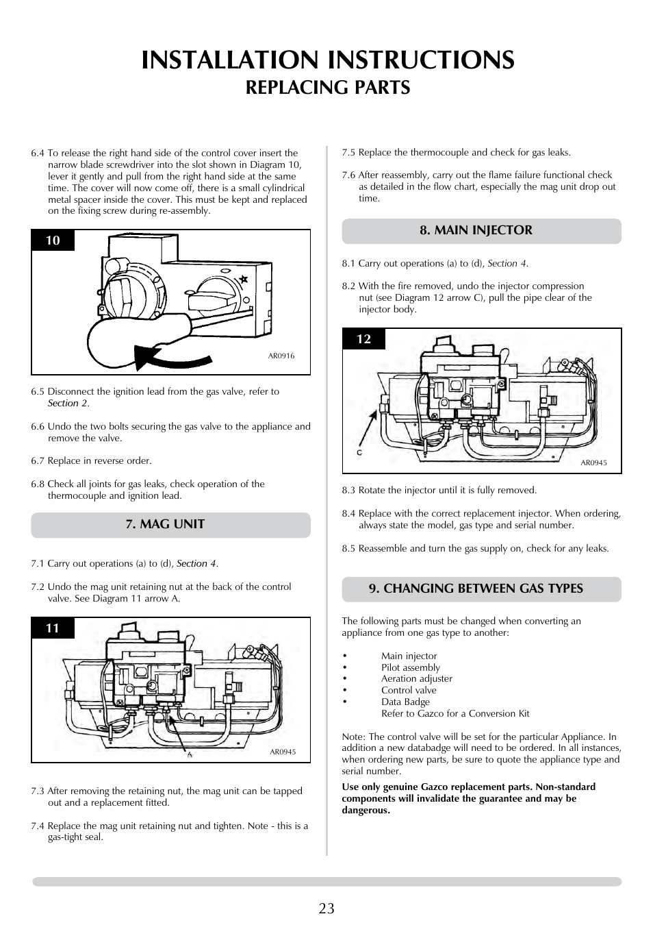 Installation instructions, Replacing parts, Mag unit | Main injector, Changing between gas types | Stovax 8455 User Manual | Page 23 / 26