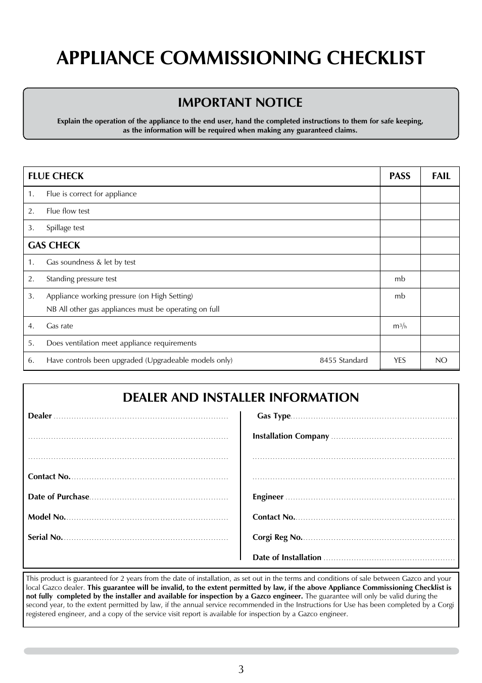 Appliance commissioning checklist, Important notice, Dealer and installer information | Flue check pass fail, Gas check | Stovax 8455 User Manual | Page 3 / 26