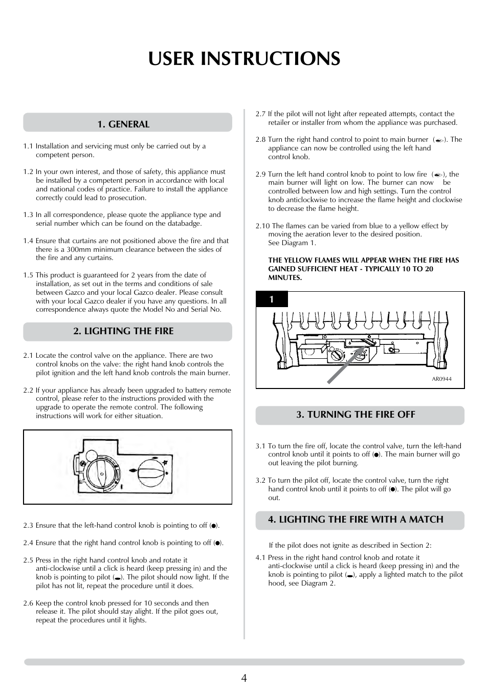 User instructions, General, Lighting the fire | Turning the fire off, Lighting the fire with a match | Stovax 8455 User Manual | Page 4 / 26