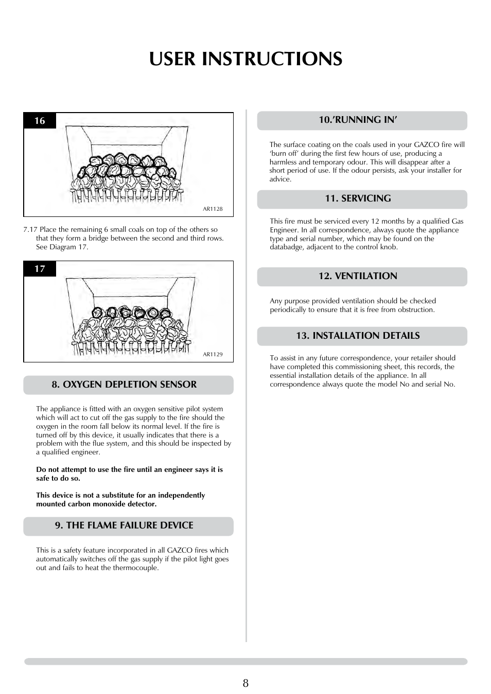 User instructions, ’running in, Servicing | Ventilation, Installation details, Oxygen depletion sensor, The flame failure device | Stovax 8455 User Manual | Page 8 / 26