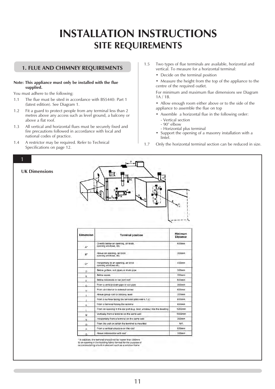 Installation instructions, Site requirements, Flue and chimney requirements 1 | Stovax PR0919 User Manual | Page 11 / 33