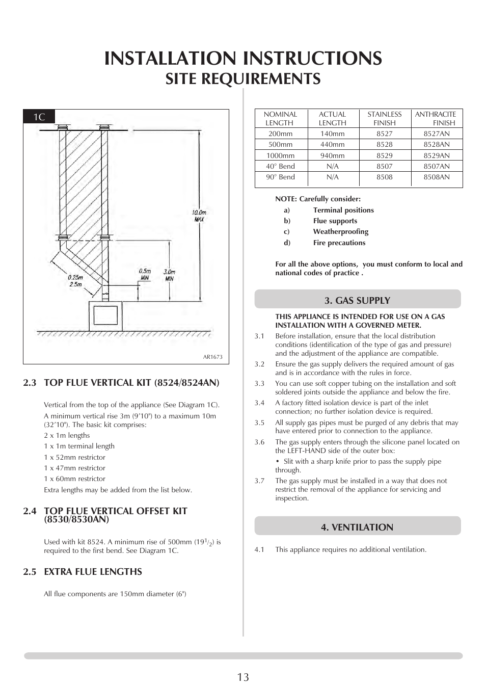 Installation instructions, Site requirements, 5 extra flue lengths | Gas supply, Ventilation | Stovax PR0919 User Manual | Page 13 / 33