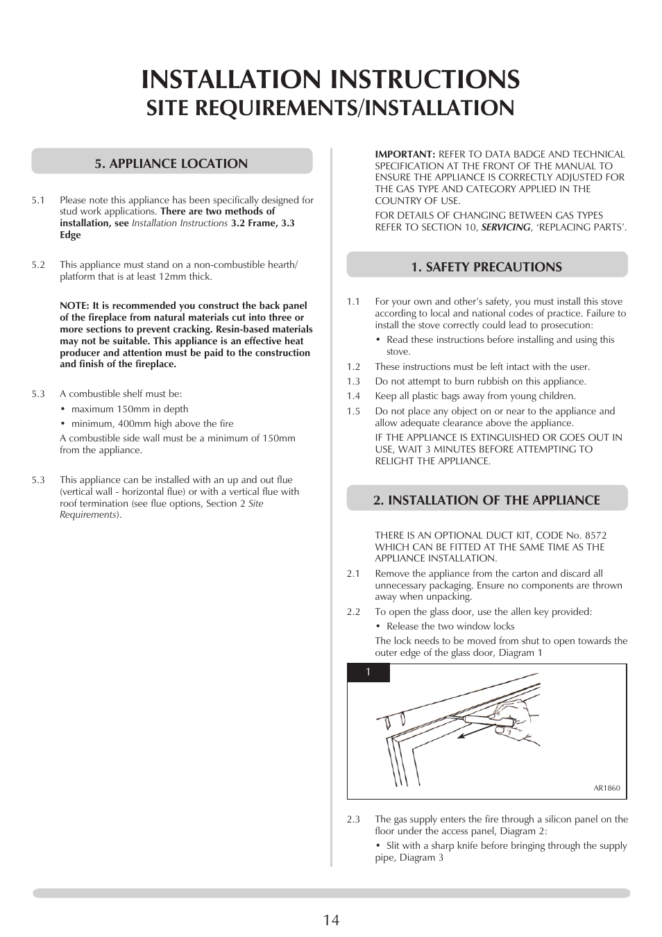 Installation instructions, Site requirements/installation, Appliance location | Safety precautions, Installation of the appliance | Stovax PR0919 User Manual | Page 14 / 33