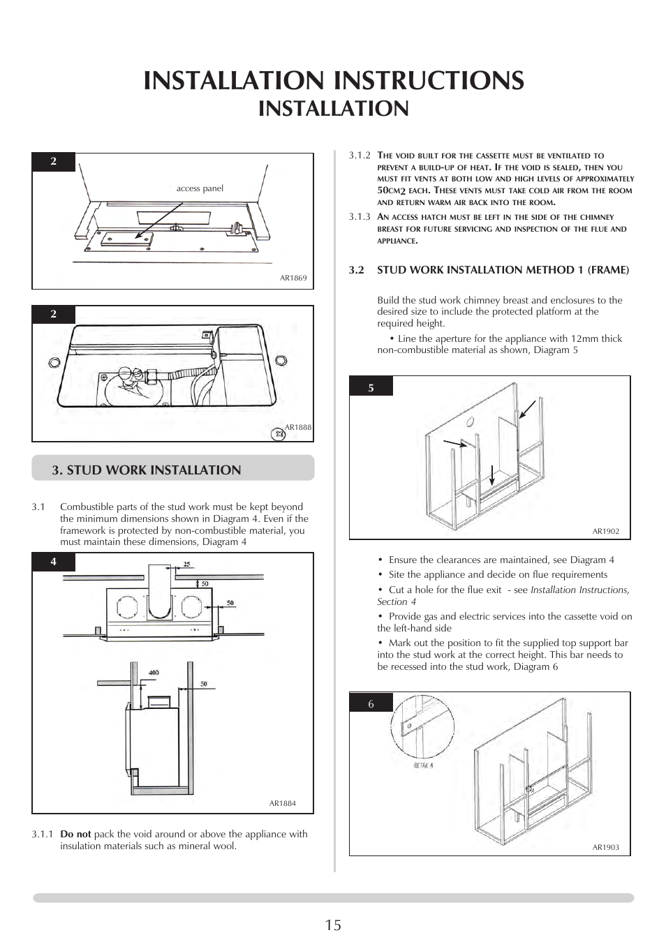 Installation instructions, Installation, Stud work installation | Stovax PR0919 User Manual | Page 15 / 33