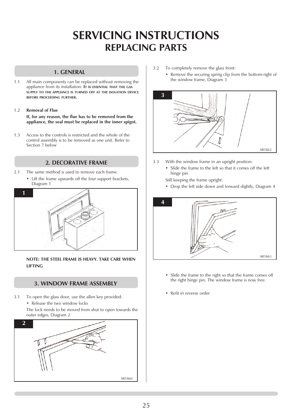 Servicing instructions, Replacing parts, General | Decorative frame, Window frame assembly | Stovax PR0919 User Manual | Page 25 / 33