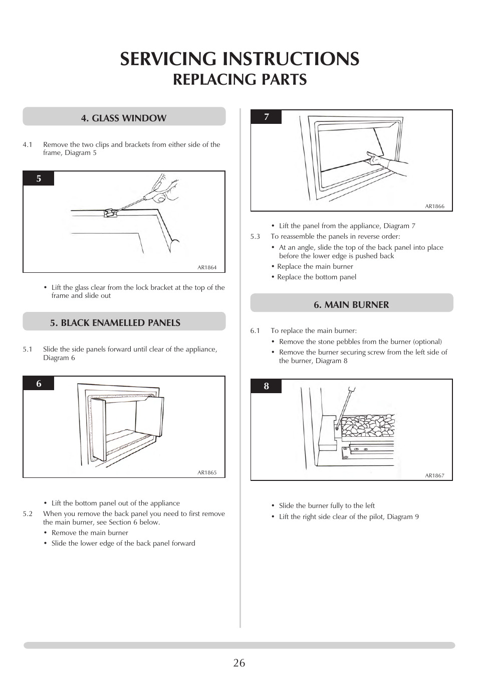 Servicing instructions, Replacing parts, Glass window | Black enamelled panels, Main burner | Stovax PR0919 User Manual | Page 26 / 33