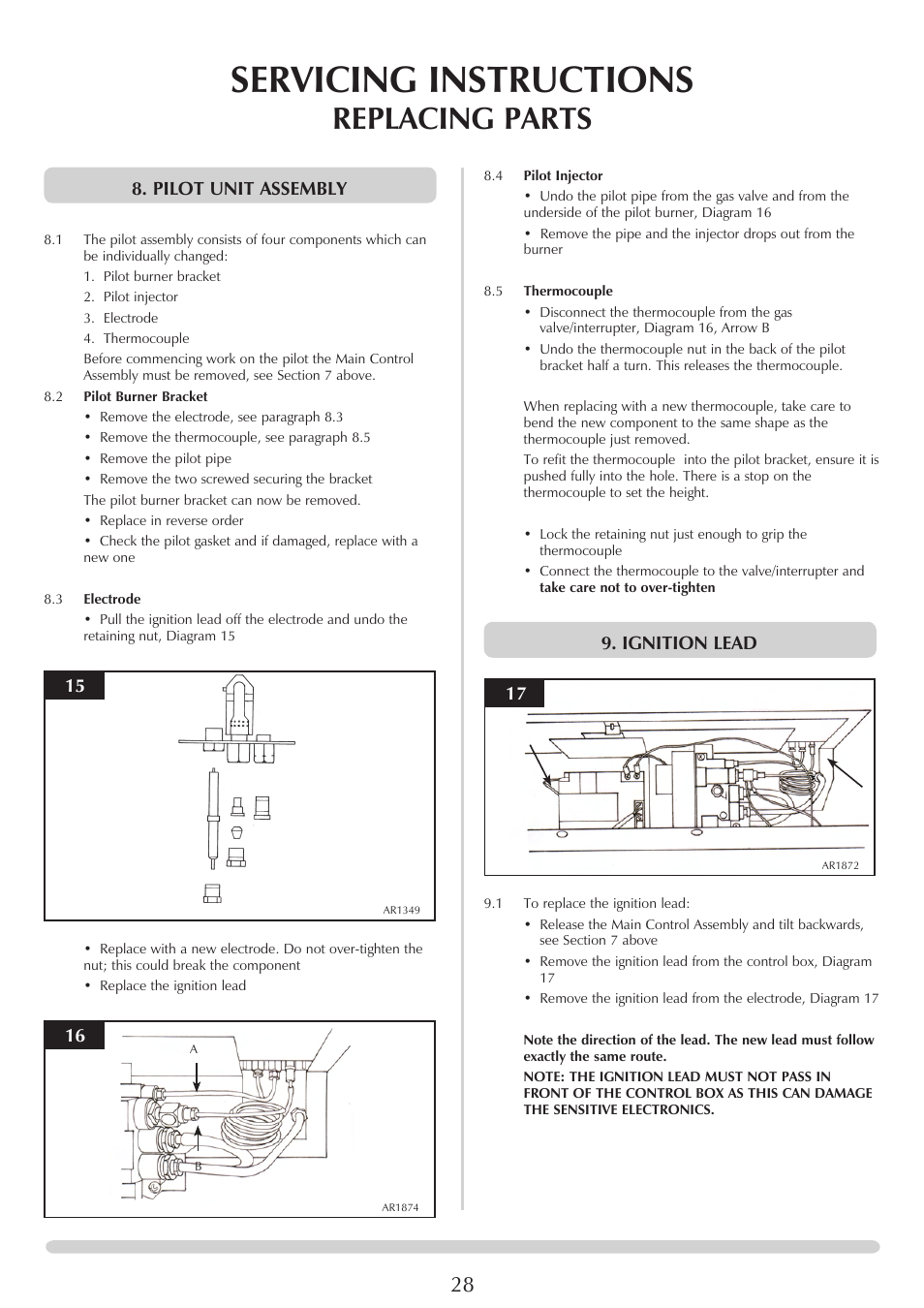 Servicing instructions, Replacing parts, Pilot unit assembly | Ignition lead 17 | Stovax PR0919 User Manual | Page 28 / 33