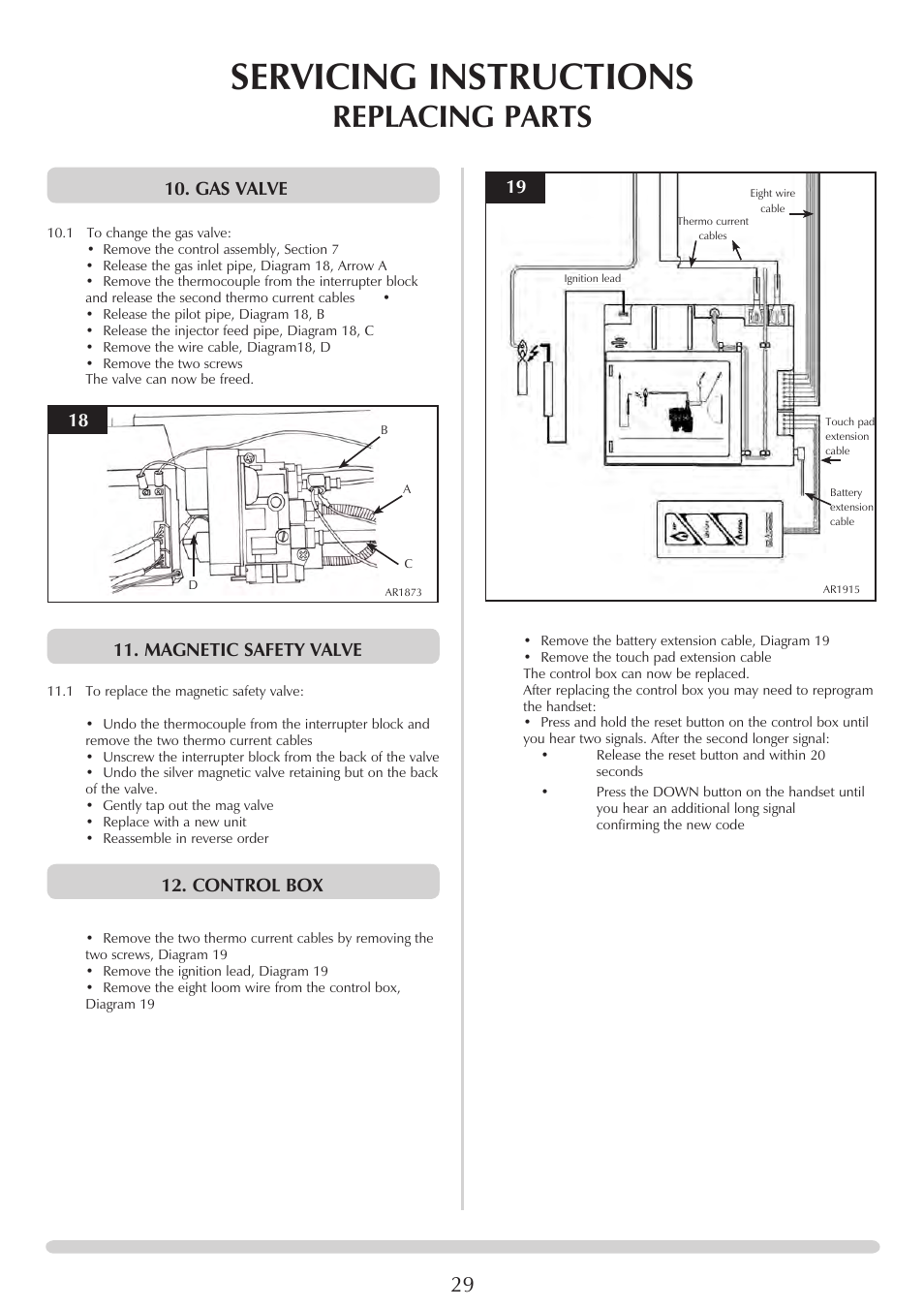 Servicing instructions, Replacing parts, Gas valve | Magnetic safety valve, Control box | Stovax PR0919 User Manual | Page 29 / 33