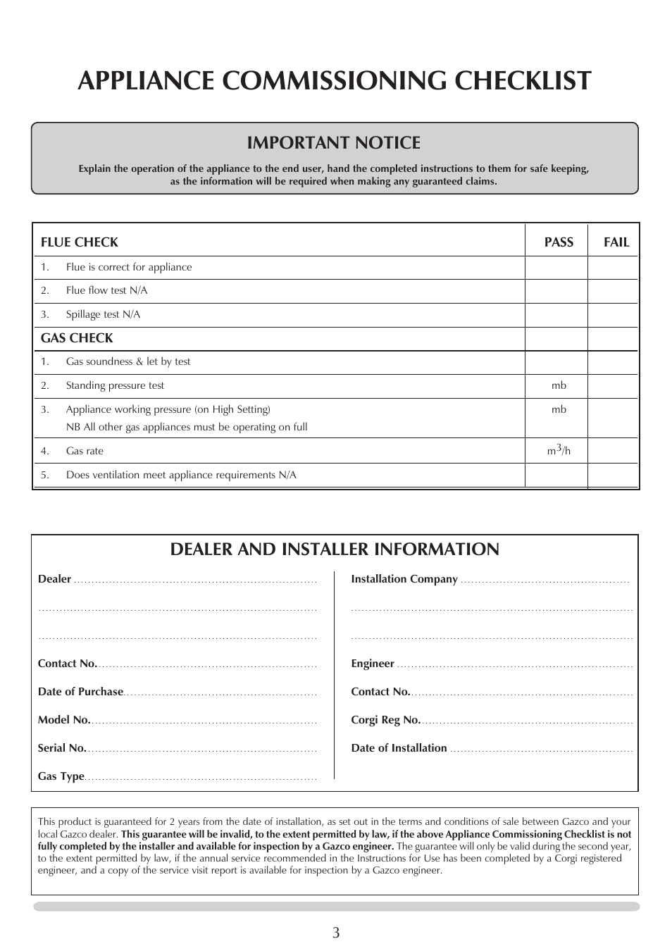 Appliance commissioning checklist, Important notice, Dealer and installer information | Flue check pass fail, Gas check | Stovax PR0919 User Manual | Page 3 / 33