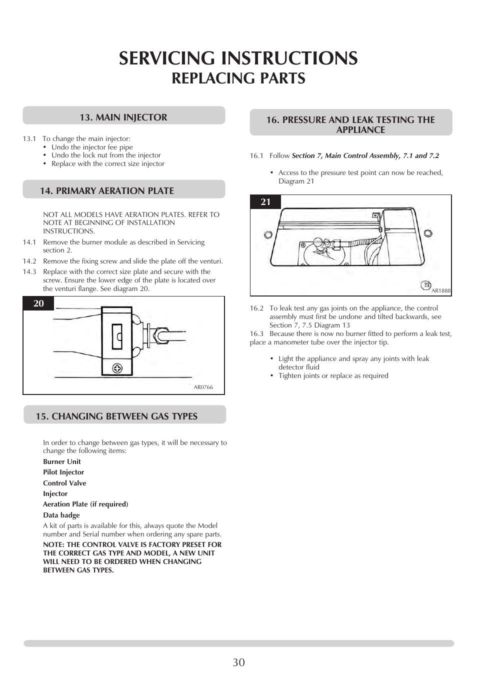 Servicing instructions, Replacing parts, Main injector | Primary aeration plate, Changing between gas types, Pressure and leak testing the appliance | Stovax PR0919 User Manual | Page 30 / 33