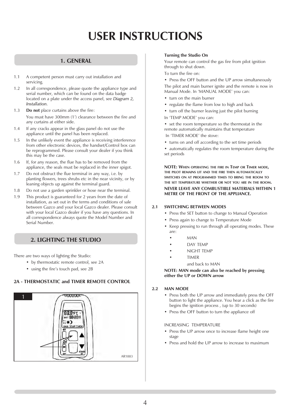 User instructions, General, Lighting the studio | Stovax PR0919 User Manual | Page 4 / 33