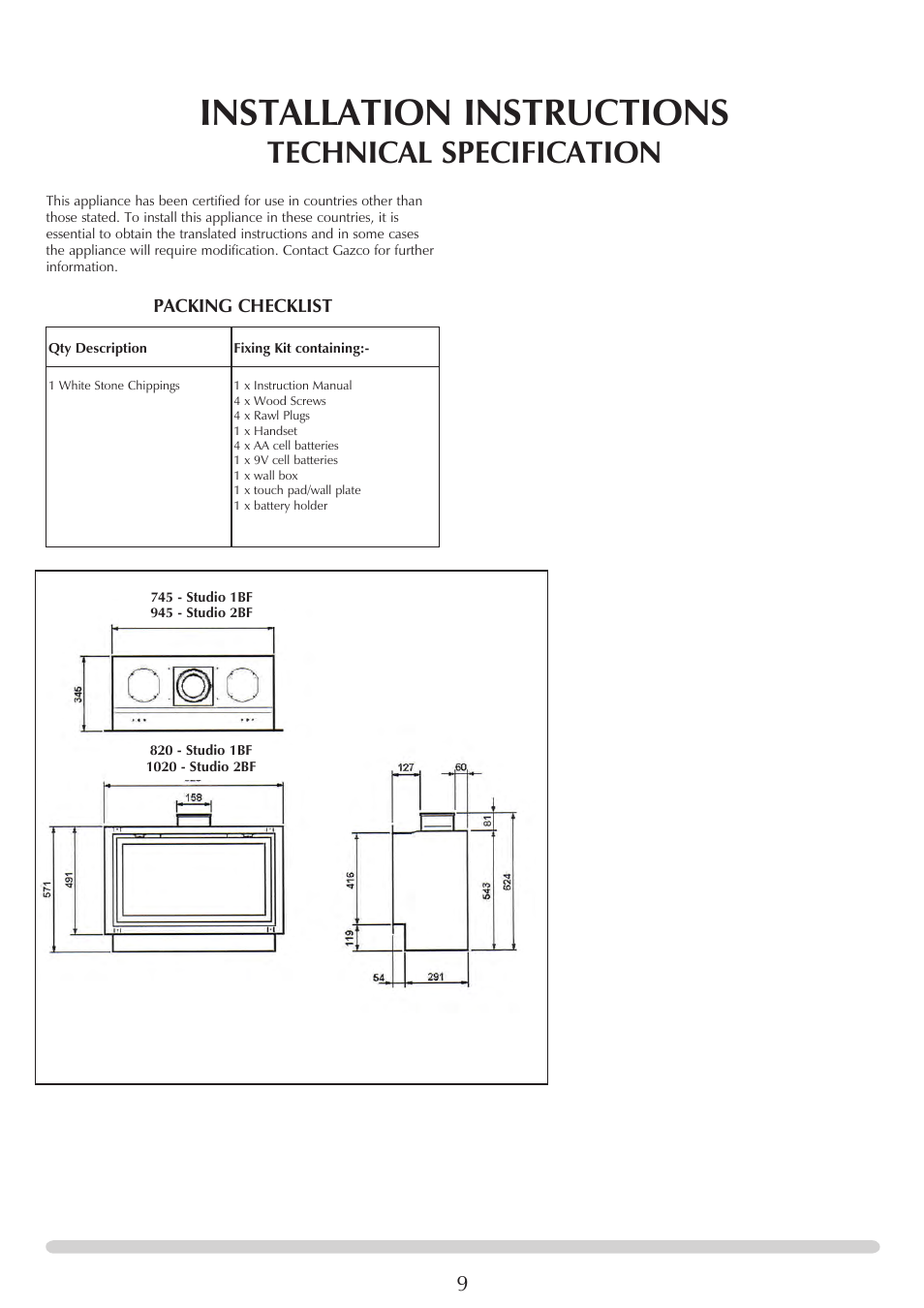 Installation instructions, Technical specification, Packing checklist | Stovax PR0919 User Manual | Page 9 / 33