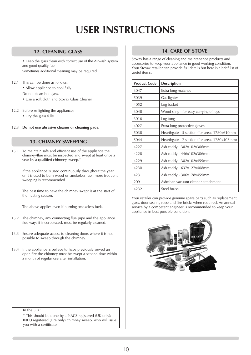 User instructions, Care of stove, Cleaning glass | Chimney sweeping | Stovax 7126 User Manual | Page 10 / 30