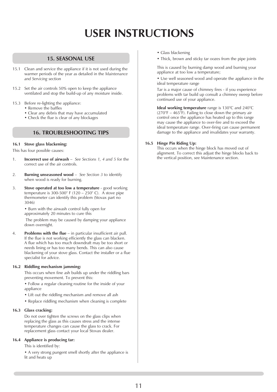 User instructions, Seasonal use, Troubleshooting tips | Stovax 7126 User Manual | Page 11 / 30