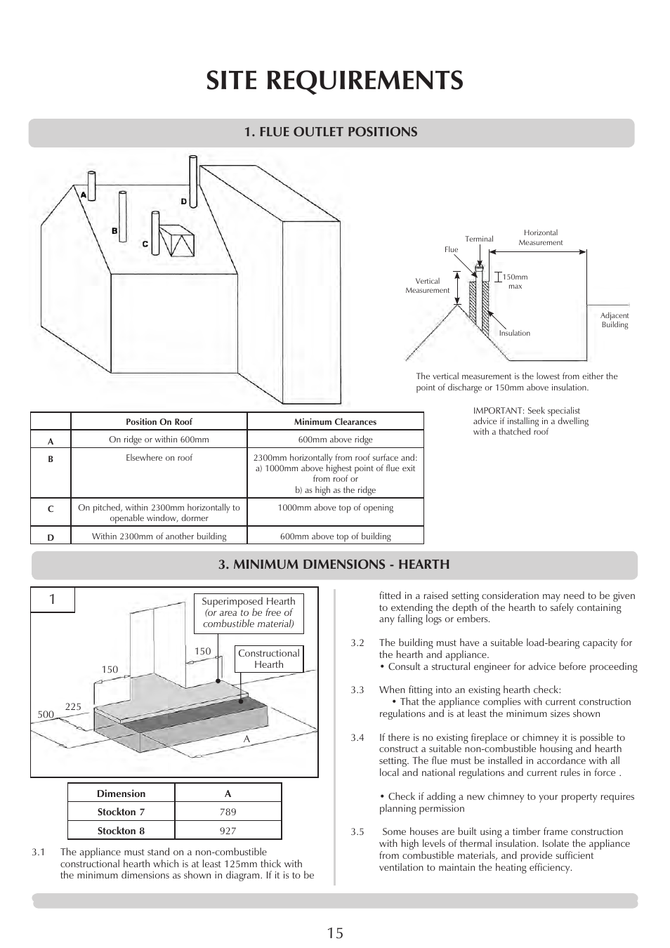 Site requirements, Minimum dimensions - hearth, Flue outlet positions | Stovax 7126 User Manual | Page 15 / 30