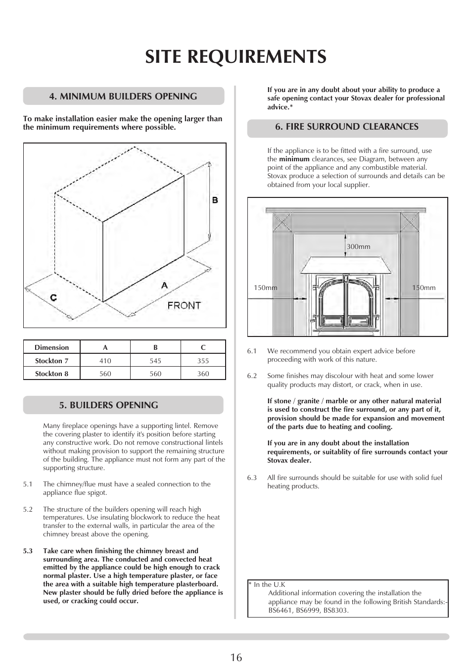 Site requirements, Minimum builders opening, Builders opening | Fire surround clearances | Stovax 7126 User Manual | Page 16 / 30