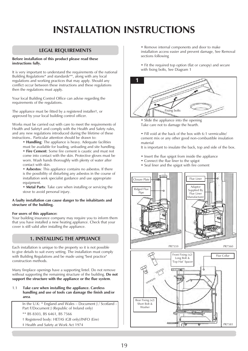 Installation instructions, Legal requirements, Installing the appliance | Stovax 7126 User Manual | Page 19 / 30