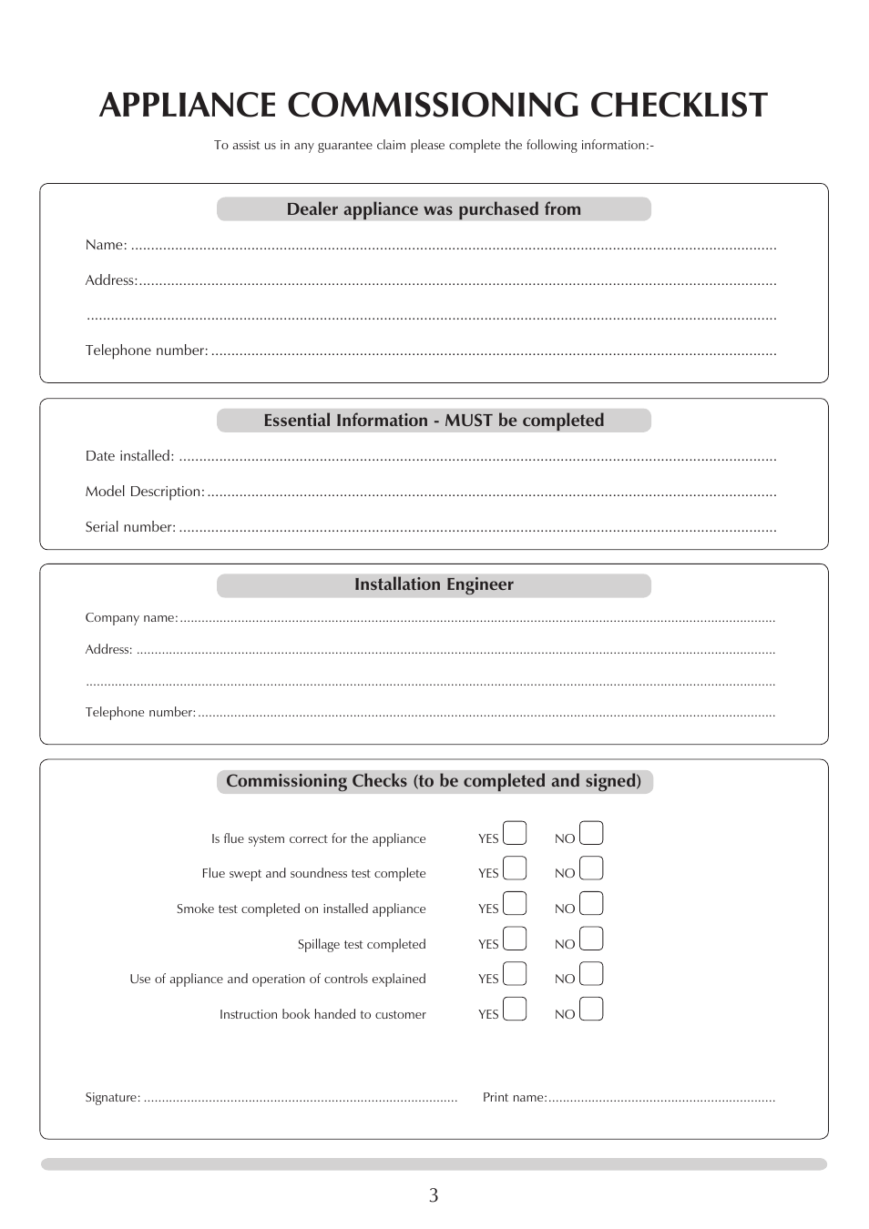 Appliance commissioning checklist, Dealer appliance was purchased from, Essential information - must be completed | Installation engineer, Commissioning checks (to be completed and signed) | Stovax 7126 User Manual | Page 3 / 30