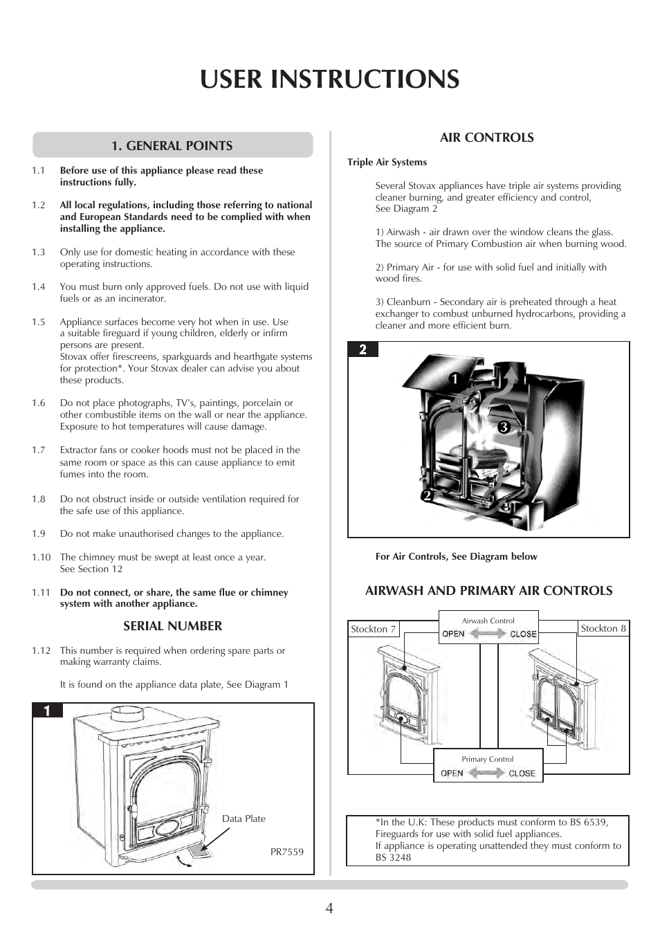 User instructions, General points, Serial number | Air controls, Airwash and primary air controls | Stovax 7126 User Manual | Page 4 / 30