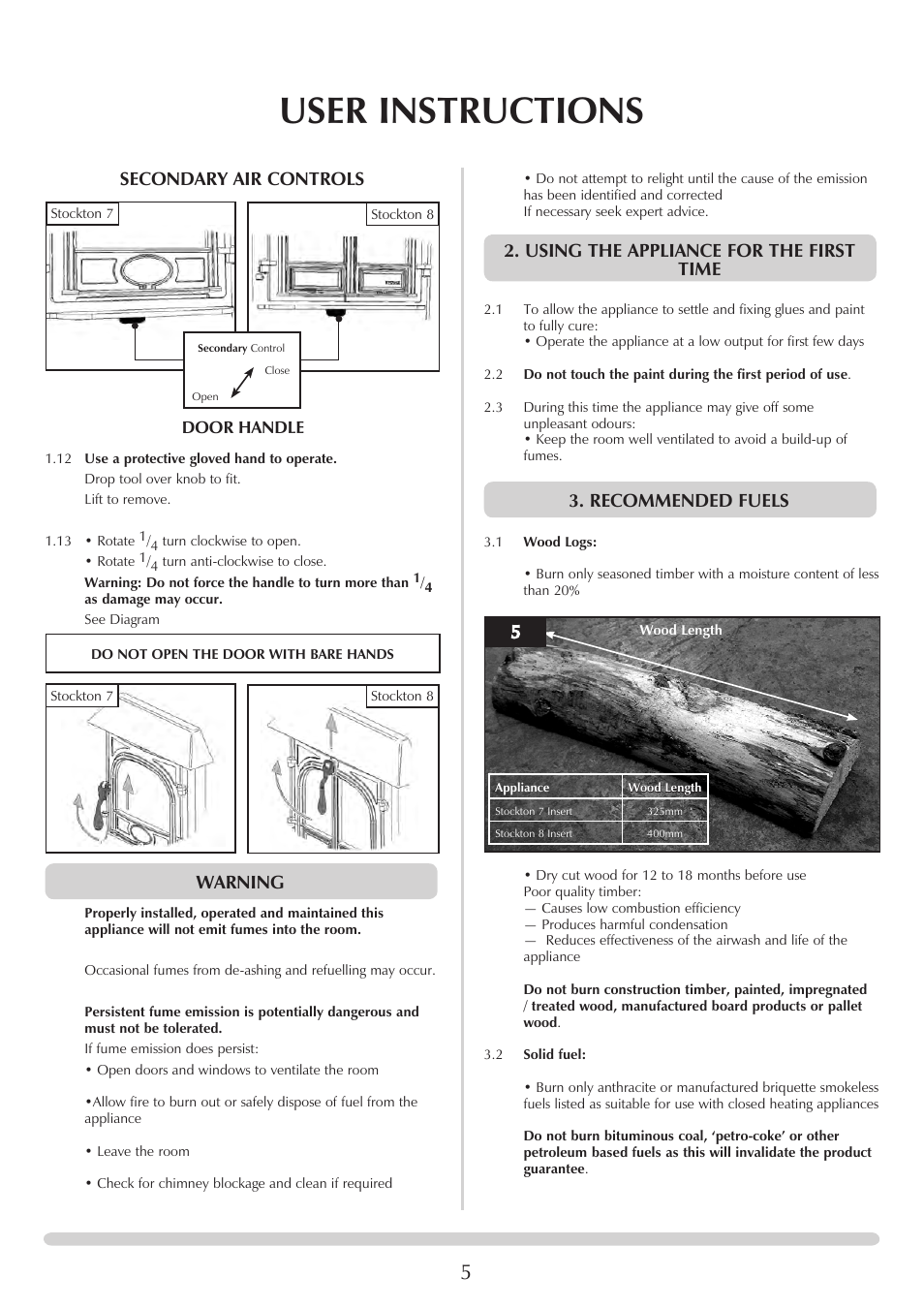 User instructions, Secondary air controls, Warning | Using the appliance for the first time, Recommended fuels | Stovax 7126 User Manual | Page 5 / 30