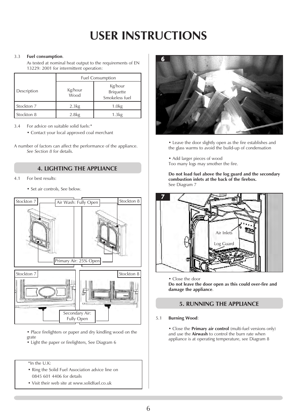 User instructions, Lighting the appliance, Running the appliance | Stovax 7126 User Manual | Page 6 / 30