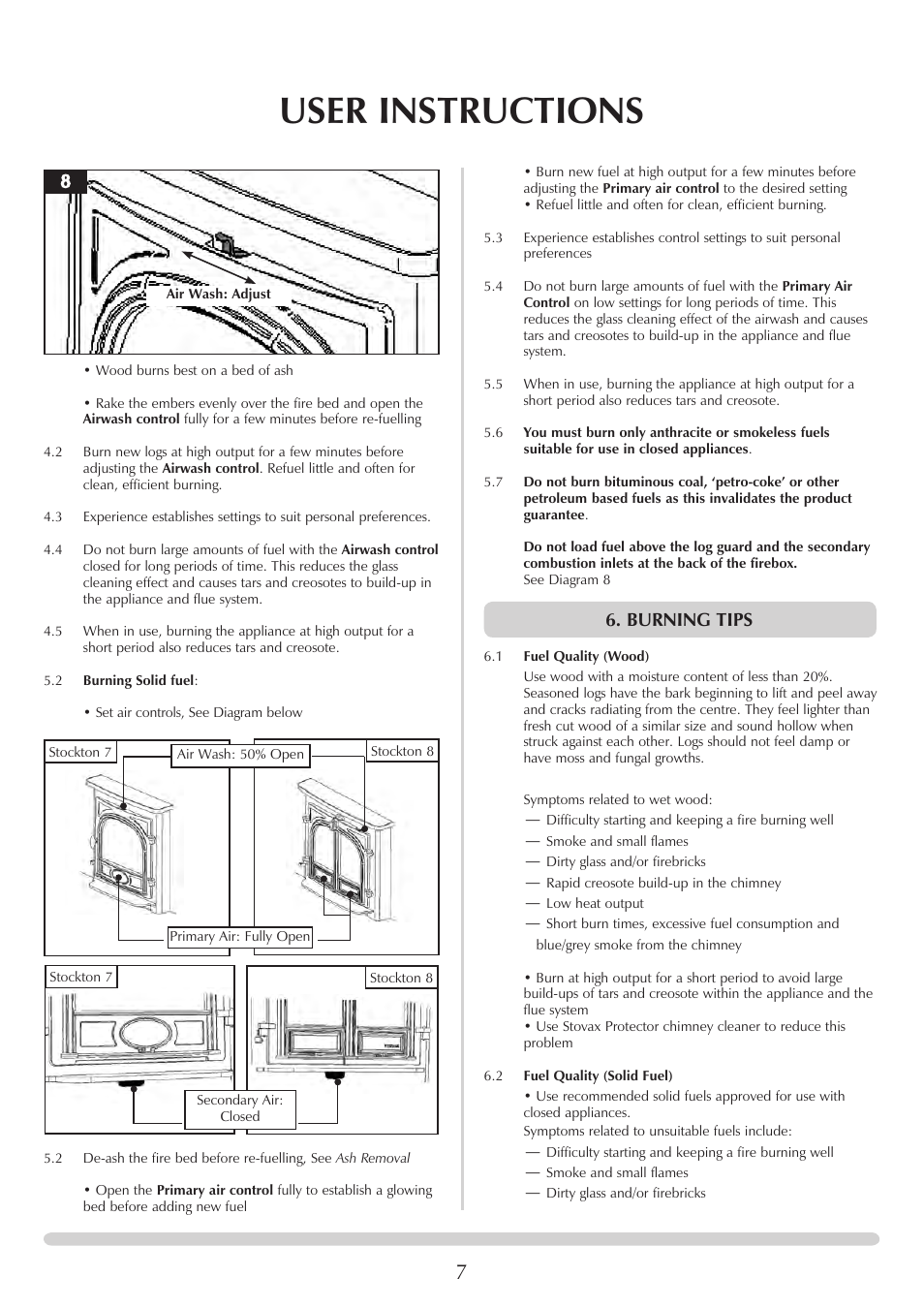 User instructions, Burning tips | Stovax 7126 User Manual | Page 7 / 30